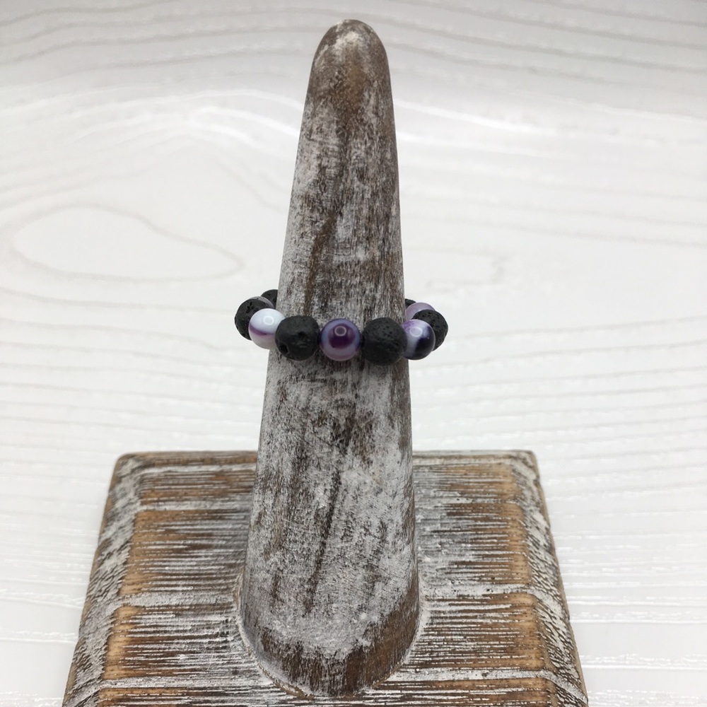 HANDCRAFTED Purple Banded Agate & Lava Stretch Bead Ring